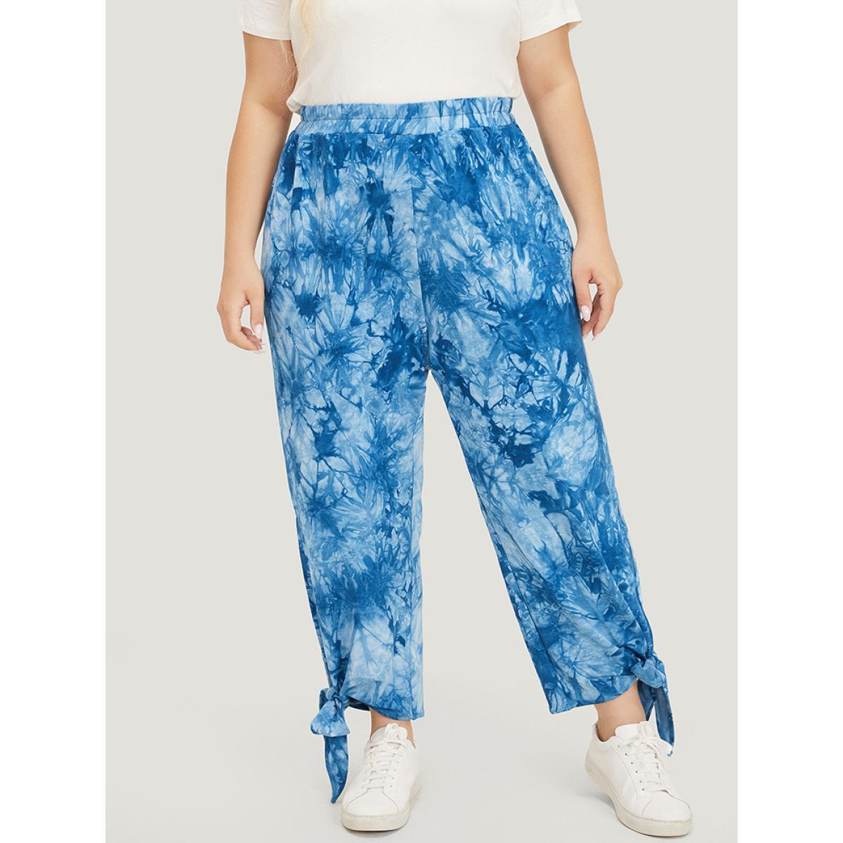 Plus Size Tie Dye Pocket Cut Out Knotted Hem Pants Women Blue Casual Mid Rise Dailywear Pants BloomChic 14-16/1X Product Image