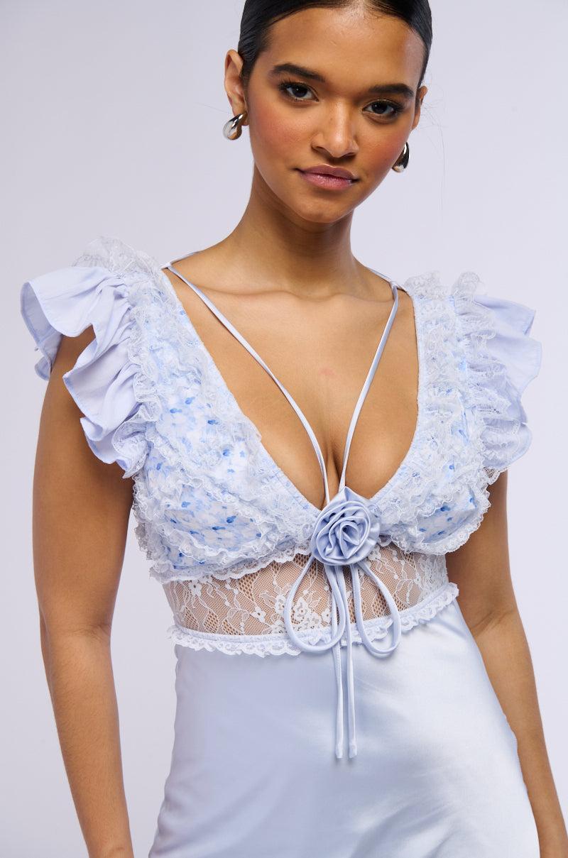 SAVING MYSELF FLOWER APPLIQUE SATIN LACE DRESS Product Image