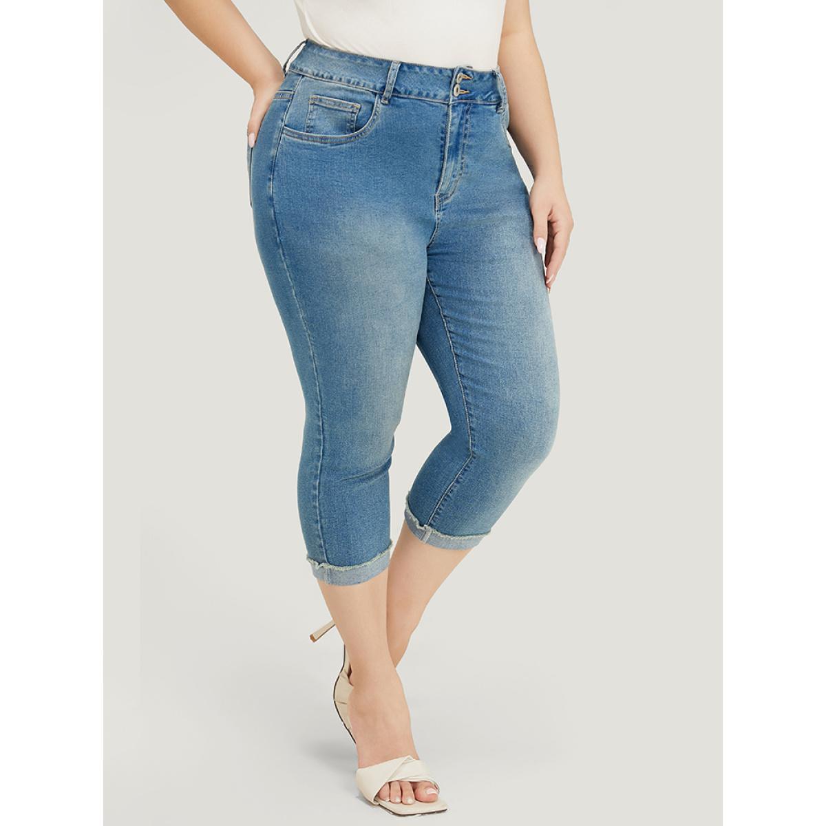 Plus Size Very Stretchy High Rise Medium Wash Roll Hem Cropped Jeans Women Cerulean Casual Plain High stretch Pocket Jeans BloomChic 28/5X Product Image