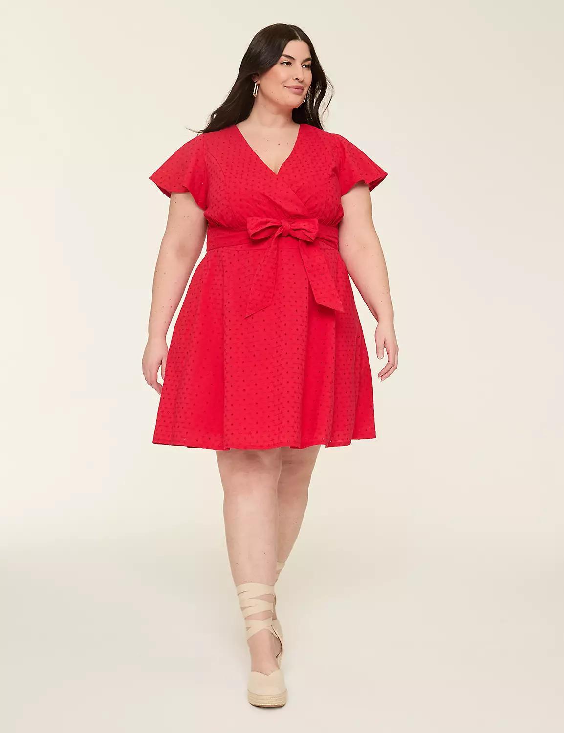Lena Eyelet Surplice-Neck Flutter-Sleeve Dress Product Image