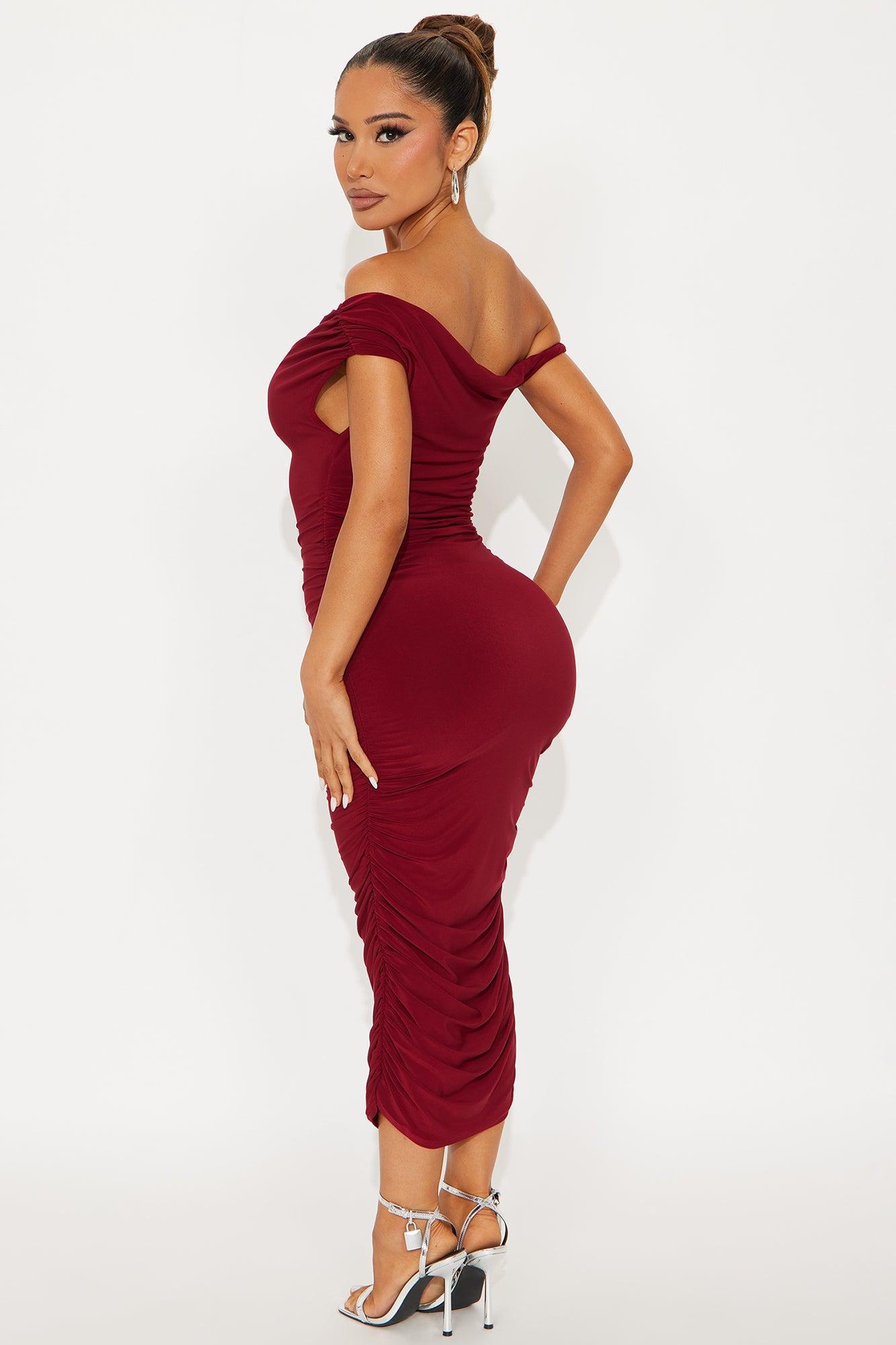 Blind Date One Shoulder Midi Dress - Wine Product Image