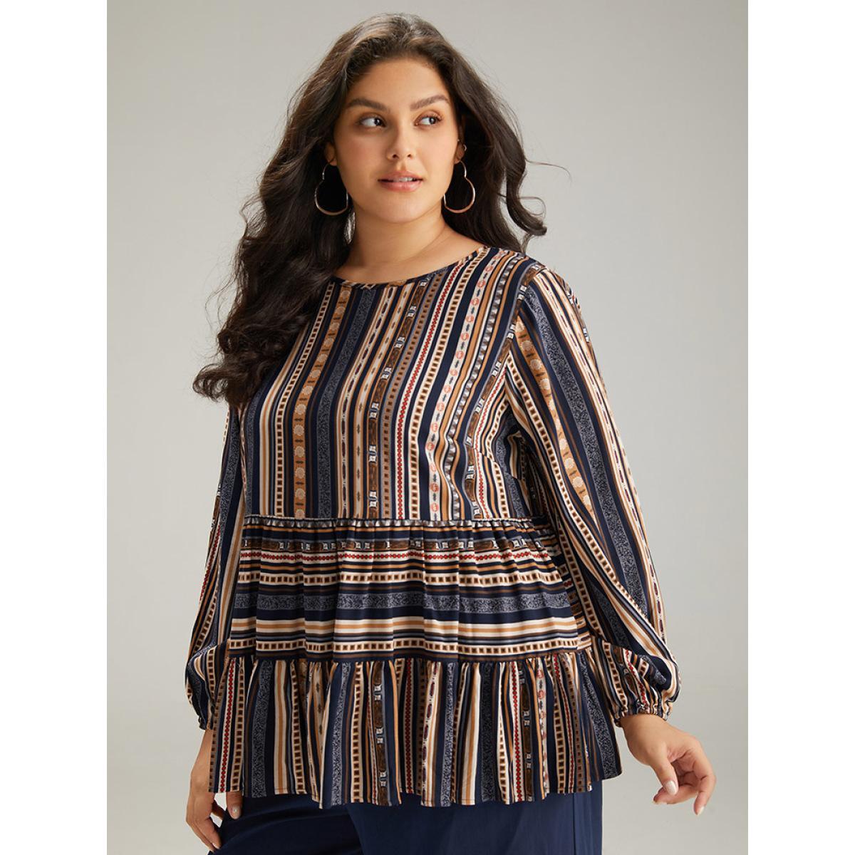 Plus Size Indigo Bandana Stried Crew Neck Gathered Blouse Women Vacation Long Sleeve Round Neck Dailywear Blouses BloomChic 26/4X Product Image