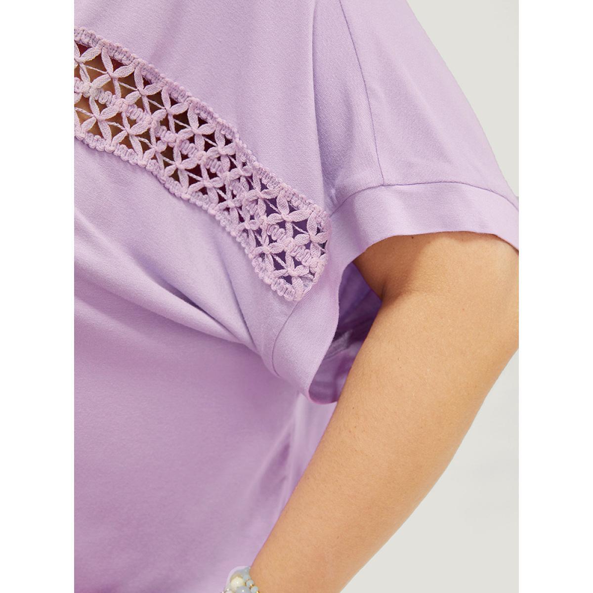 Plus Size Solid Batwing Sleeve Eyelet Lace T-shirt Lilac Women Elegant Lace Plain Round Neck Dailywear T-shirts BloomChic 14-16/1X Product Image