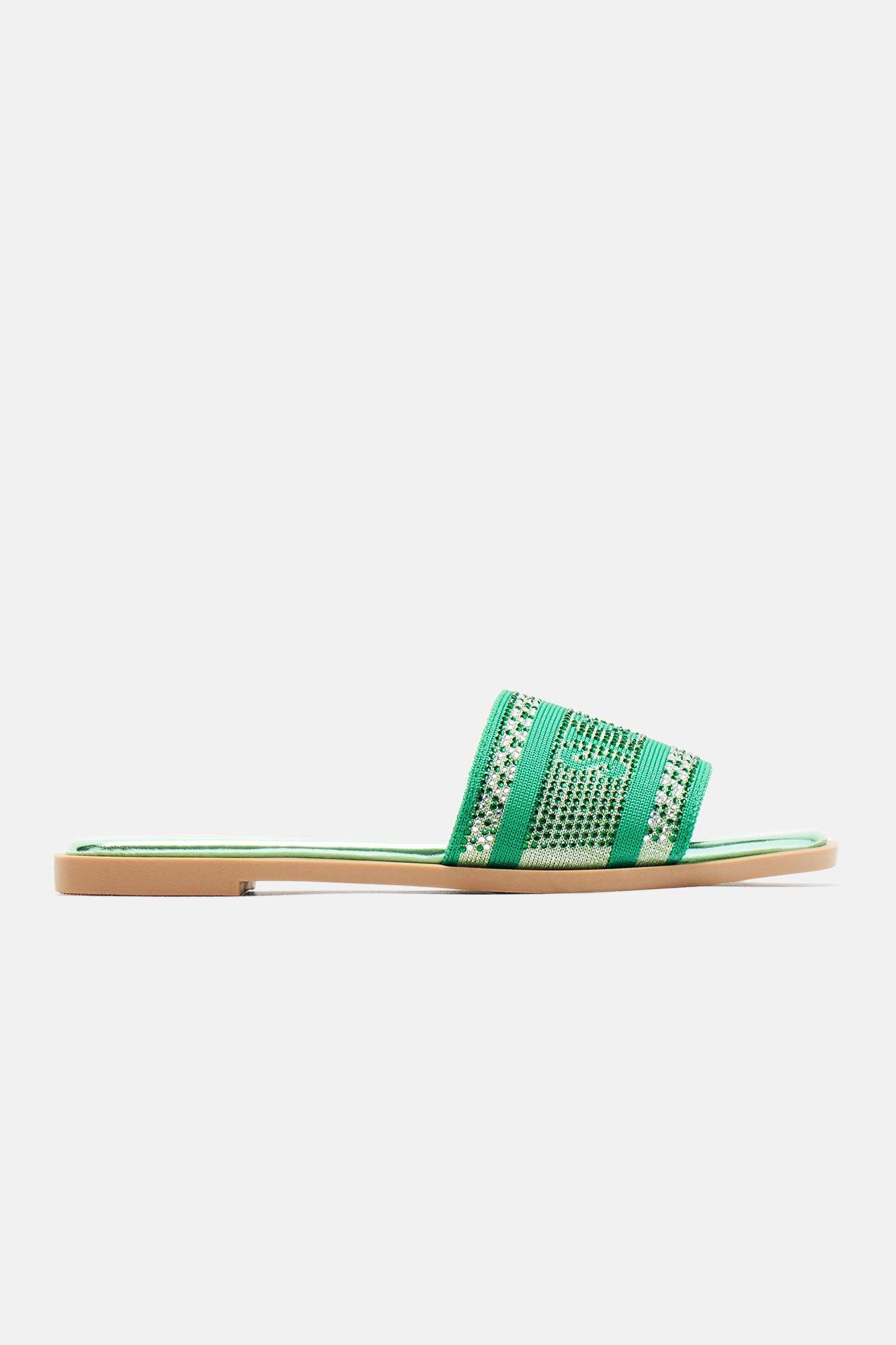 What A View Embellished Flat Sandals - Silver/Green Product Image