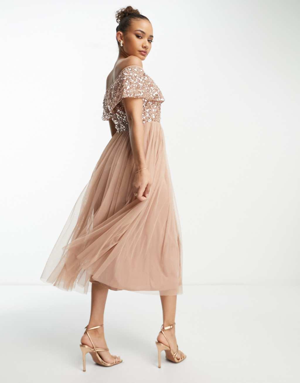 Beauut Bridesmaid bardot embellished midi dress Product Image