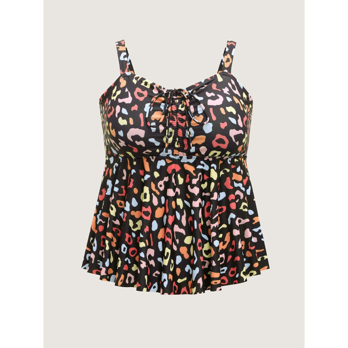 Plus Size Multicolor Leopard Print Drawstring Swim Top Women's Swimwear Black Beach Drawstring High stretch Bodycon Heart neckline Curve Swim Tops BloomChic 12/L Product Image