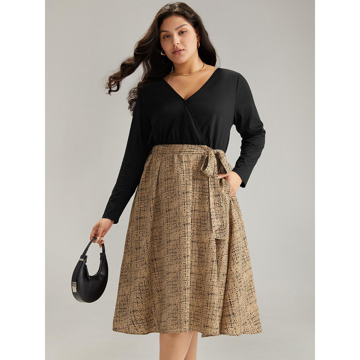 Plus Size Patchwork Pocket Belted Long Sleeve Dress Tan Women Elegant Belted V-neck Long Sleeve Curvy Midi Dress BloomChic 26/4X Product Image