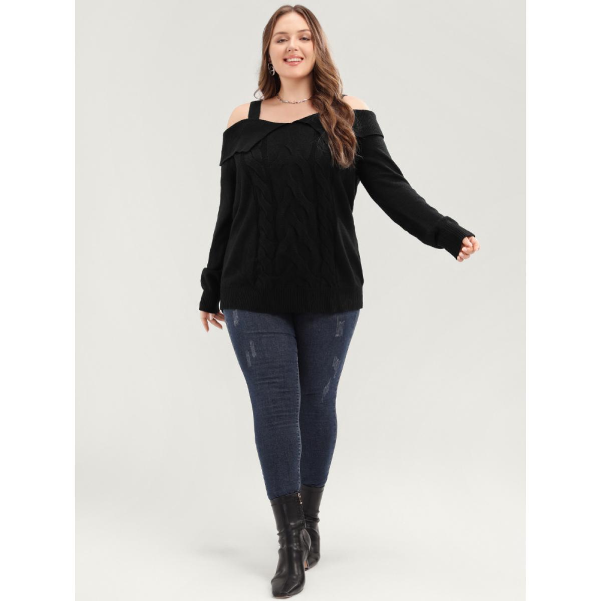 Plus Size Solid Pointelle Knit Cold Shoulder Knit Top Black Women Elegant Long Sleeve Cold Shoulder Dailywear Pullovers BloomChic 26/4X Product Image