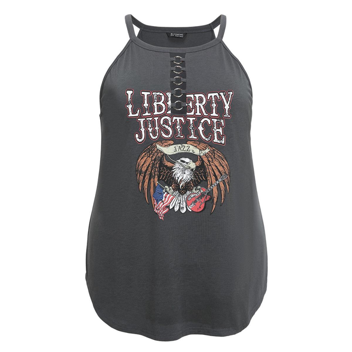 Plus Size Eagle & Letter Print Halter Metal Detail Cut Out Cami Top Women DimGray Casual Arc Hem Dailywear Tank Tops Camis BloomChic 10/M Product Image