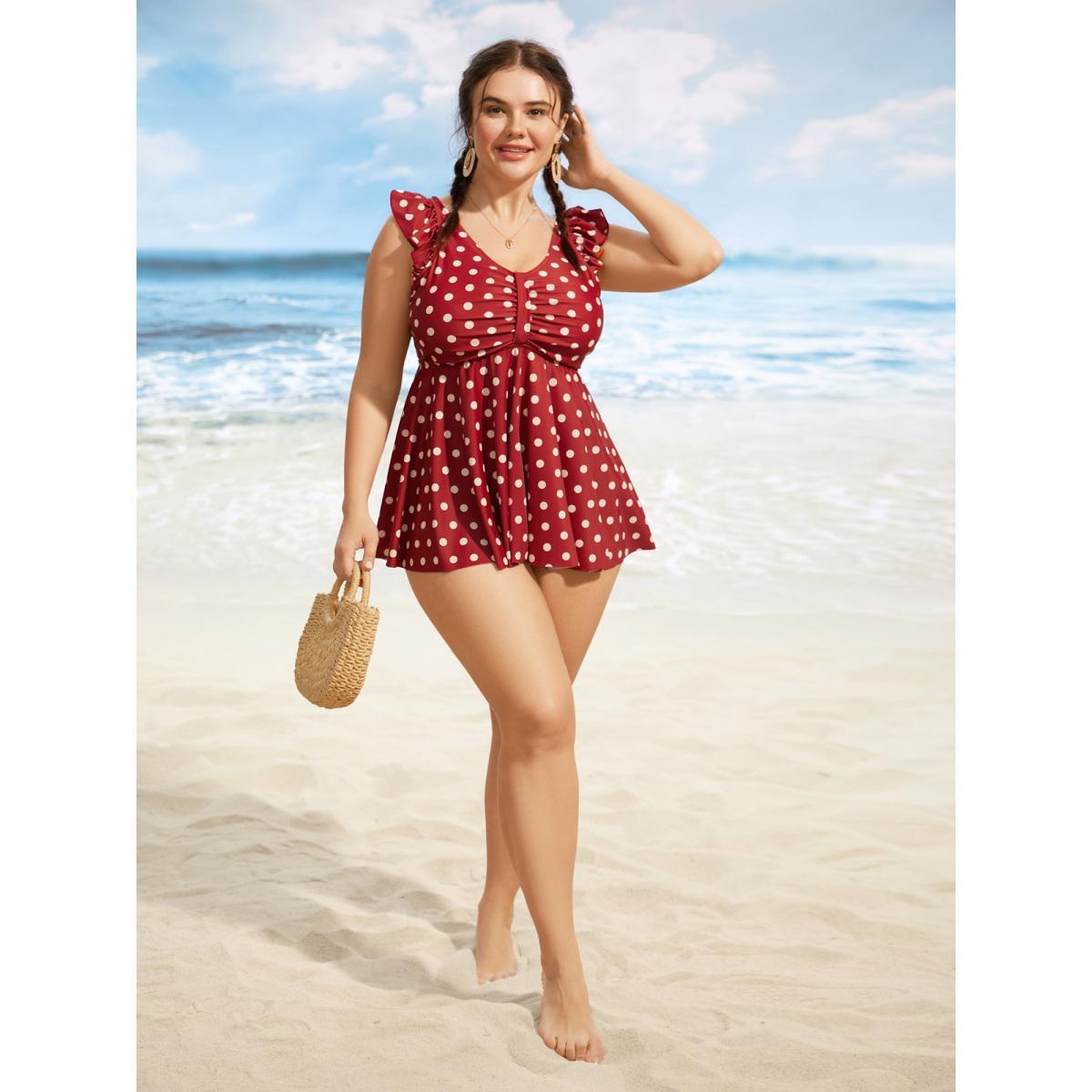 Plus Size Polka Dot Ruched Ruffle Trim Swim Top Women's Swimwear Russet Beach Gathered High stretch Bodycon V-neck Curve Swim Tops BloomChic 30/6X Product Image
