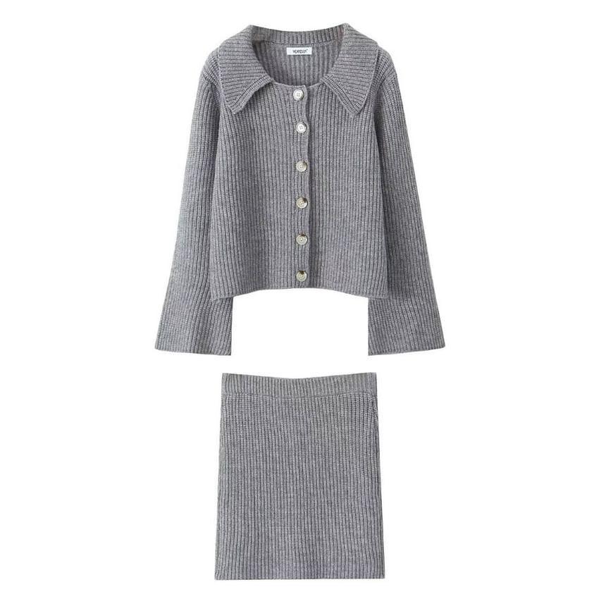 Set: Collared Plain Button Cardigan + High Waist Mini A-Line Skirt Product Image