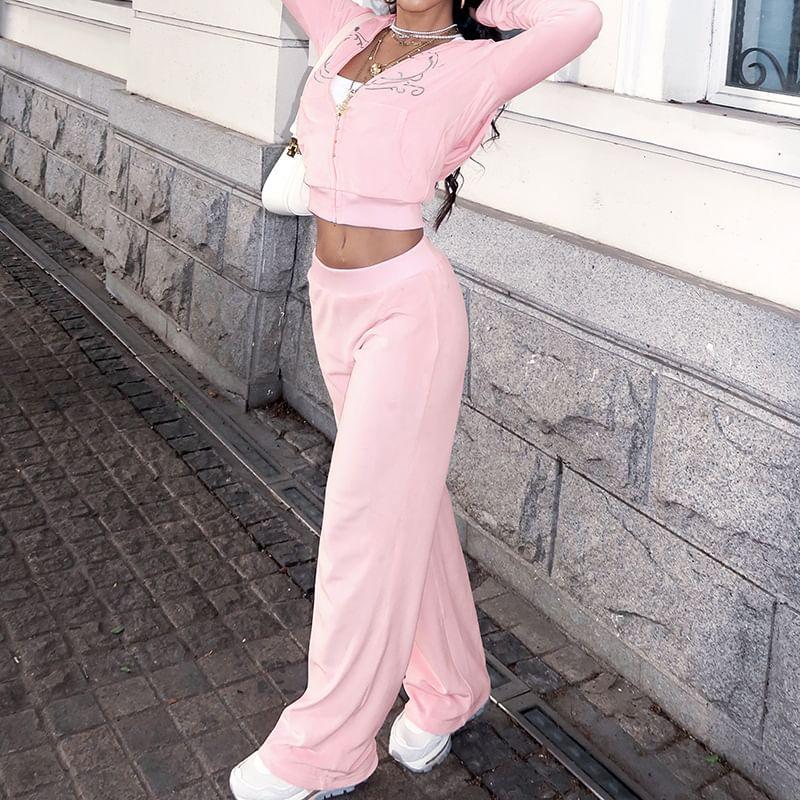 Set: Long Sleeve Graphic Print Zip-Up Hooded Jacket + Low Rise Straight-Fit Wide-Leg Sweatpants Product Image