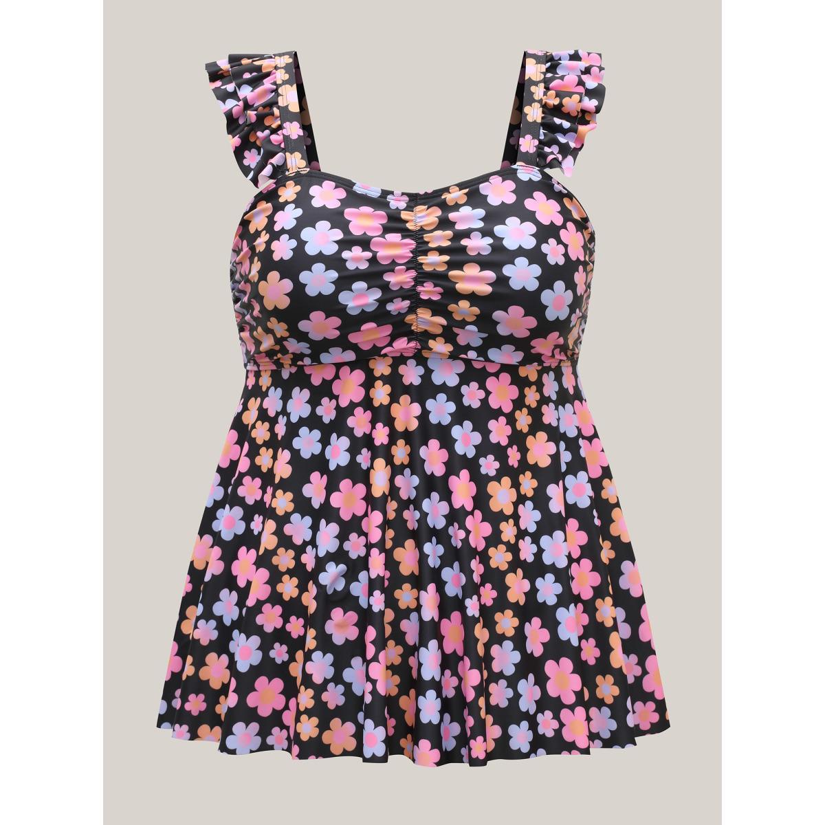 Plus Size Sweet Floral Print Wide Strap Swim Top Women's Swimwear Black Beach Gathered High stretch Bodycon Heart neckline Curve Swim Tops BloomChic 30/6X Product Image