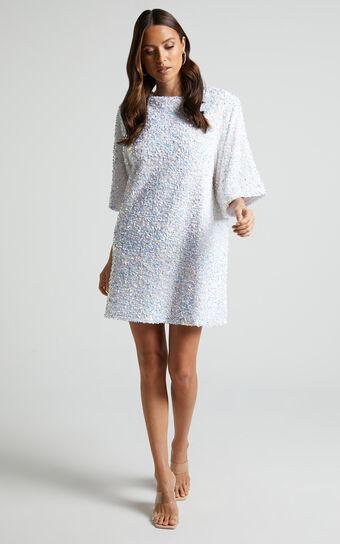 Valetta Mini Dress - Sequin low back shift dress in White Product Image