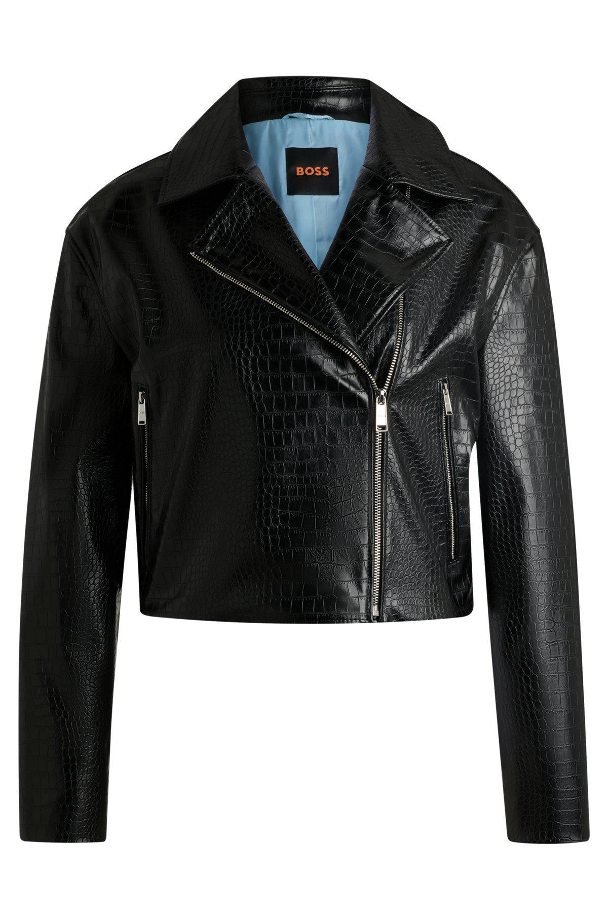 BOSS - Crocodile-embossed biker jacket in faux leather - Black Product Image