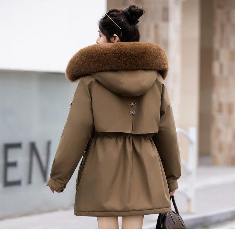Furry Trim Hooded Zip-Up Parka Product Image