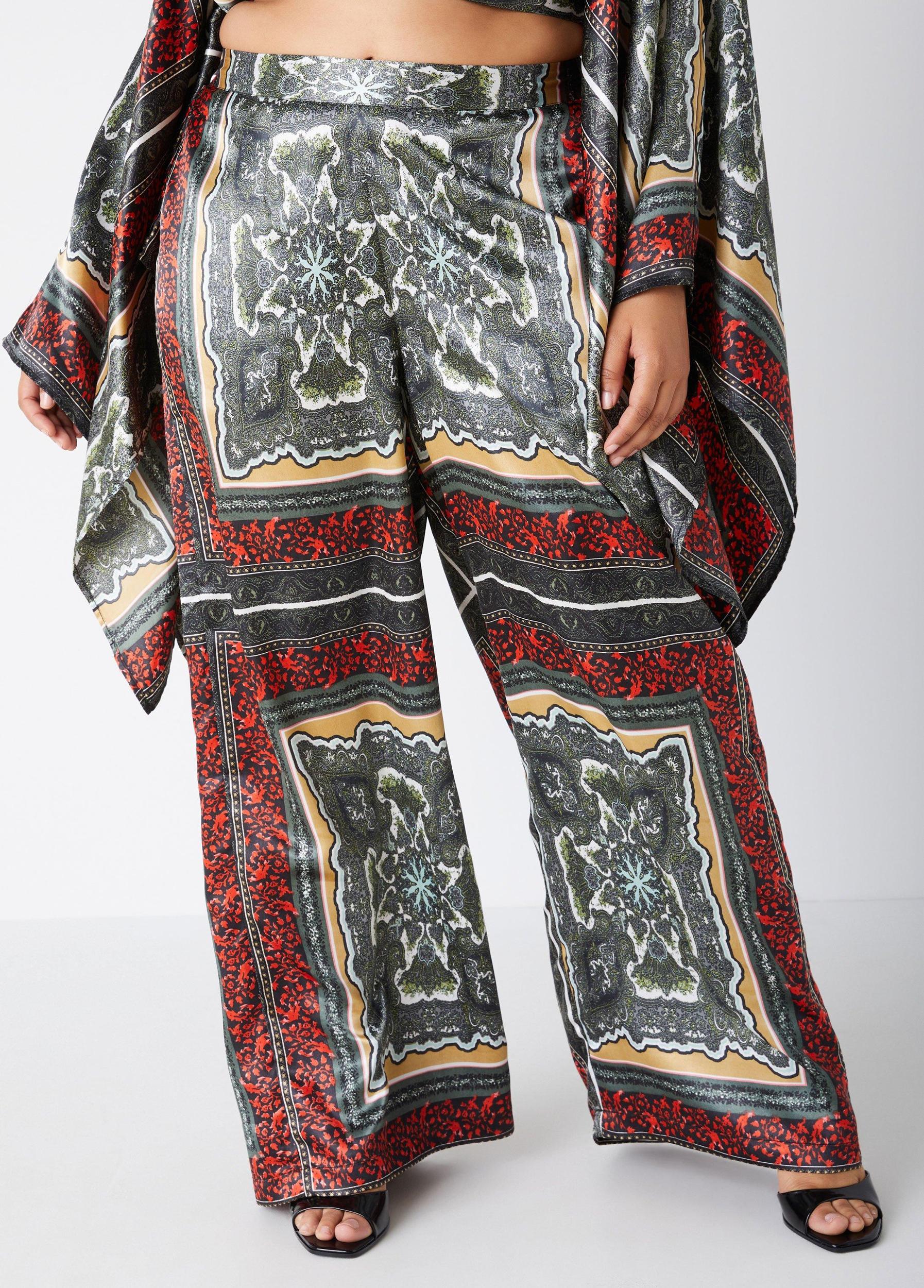 Scarf Print Satin Wide Leg Pants Product Image