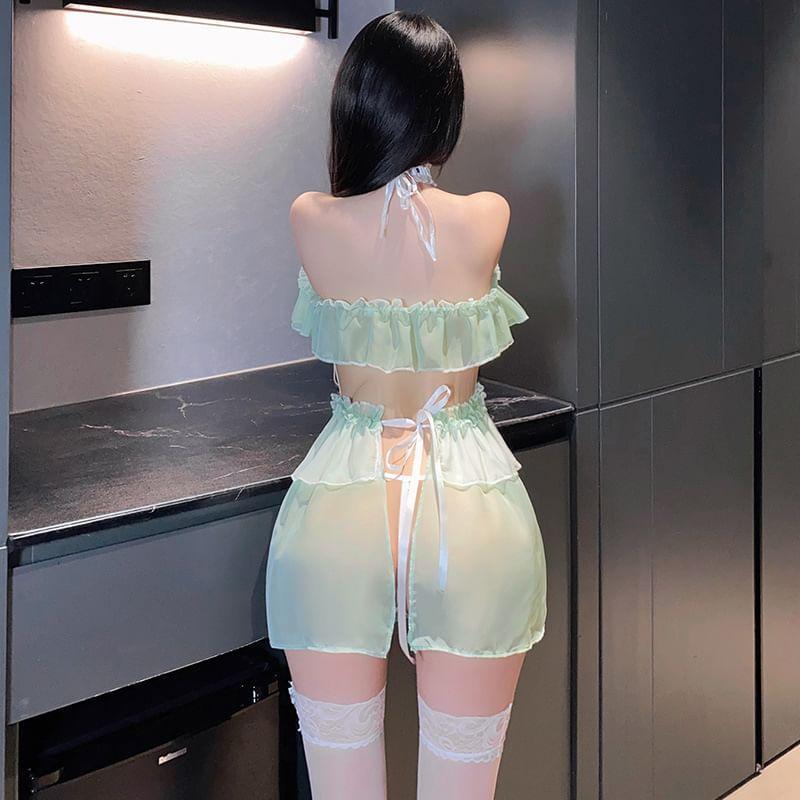 Cap-Sleeve  Cutout Frill Trim Babydoll / G-String / Bell Choker / Stocking / Set Product Image