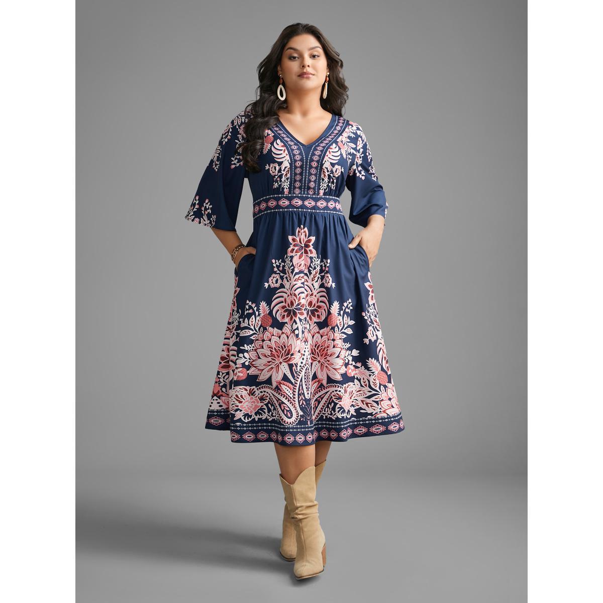 Plus Size Boho Print Ruffle Sleeve Shirred Dress Navy Women Resort Shirred V-neck Elbow-length sleeve Curvy BloomChic 14-16/1X Product Image