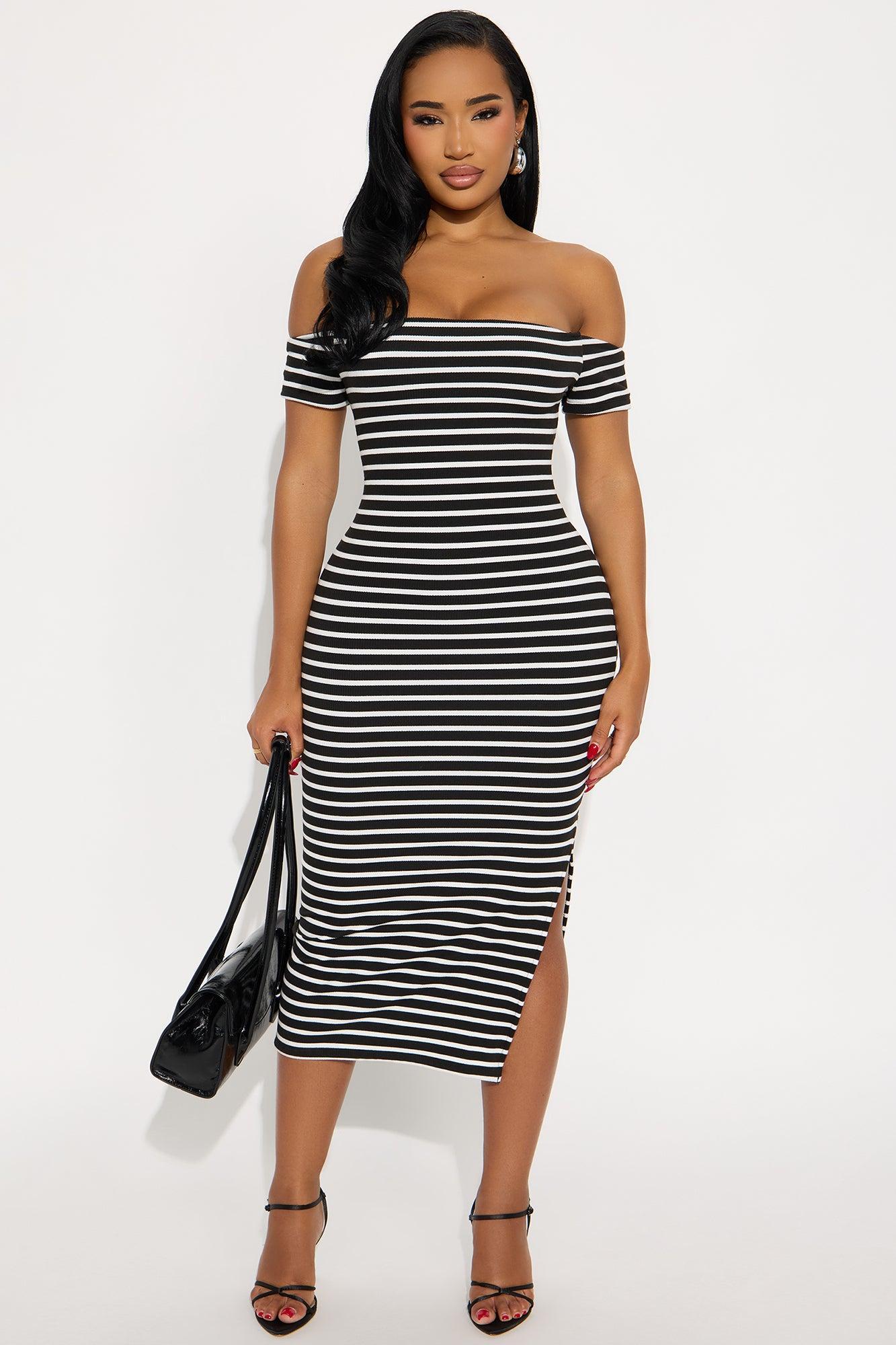Mabel Ribbed Off The Shoulder Midi Dress - Black/White Female Product Image