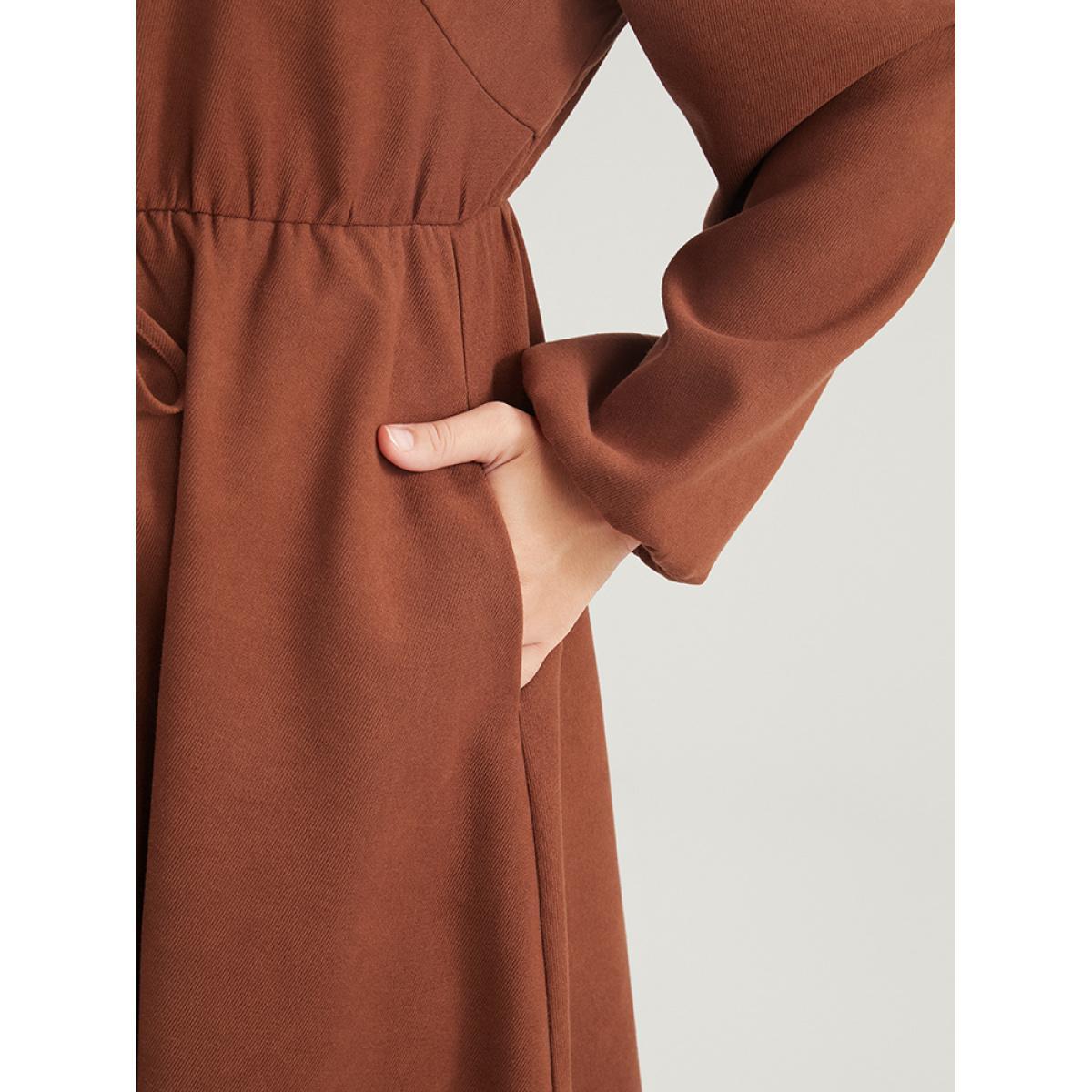 Plus Size Solid Tie Up Shirt Collar Pocket Button Detail Corduroy Dress Chocolate Women Office Button Shirt collar Long Sleeve Curvy Midi Dress BloomChic 26/4X Product Image