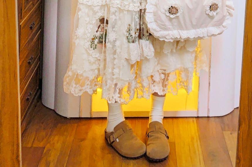 Elastic Waist Floral Embroidered Lace Midi A-Line Skirt Product Image