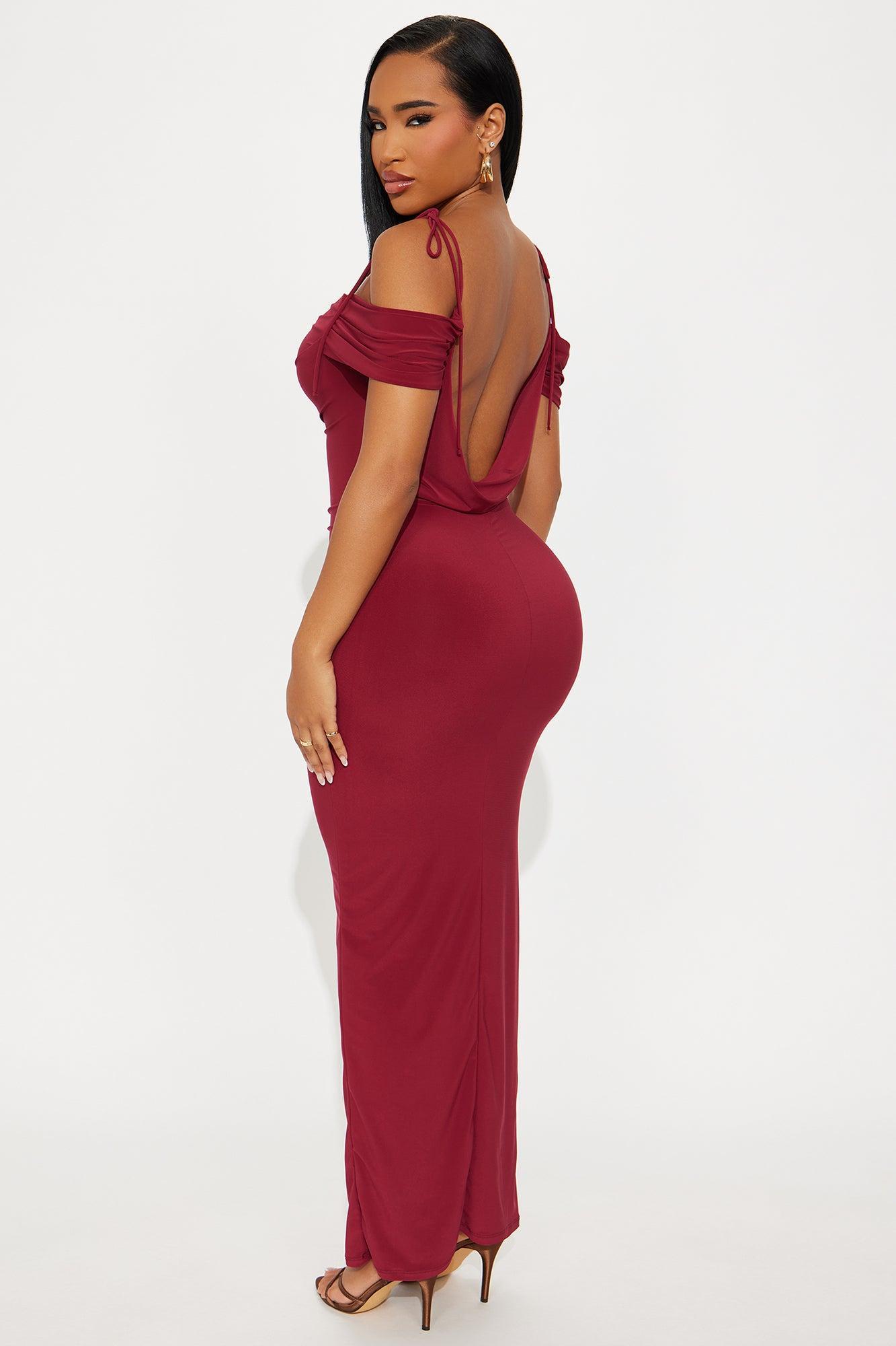 Jaden Off Shoulder Cowl Back Maxi Dress - Burgundy Product Image
