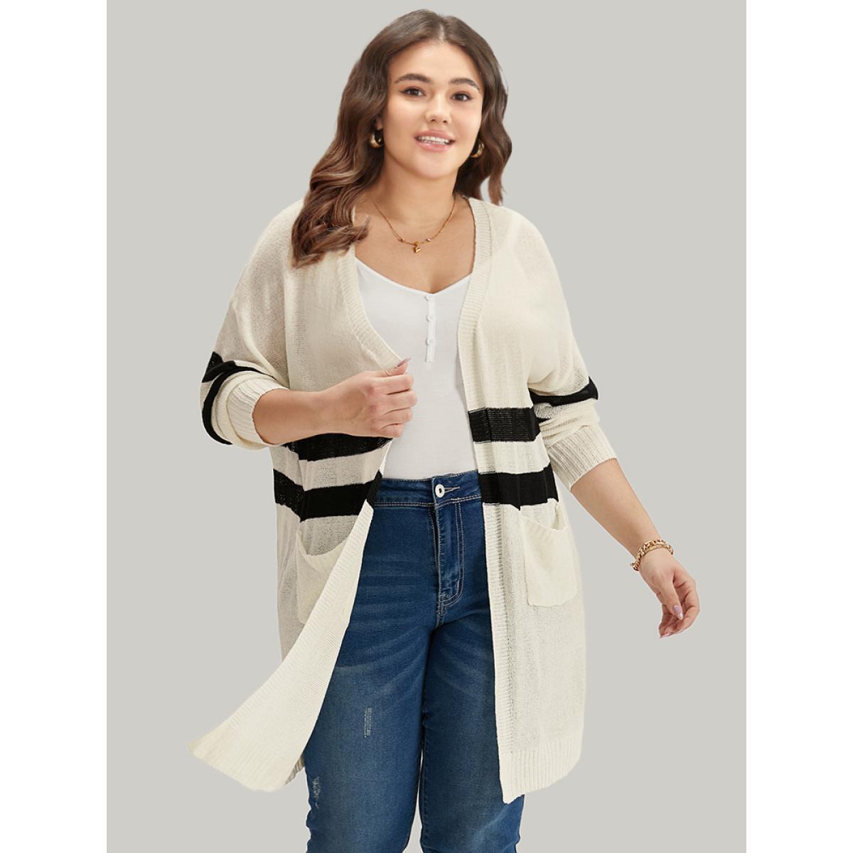 Plus Size Striped Pocket Open Front Cardigan Beige Women Casual Loose Long Sleeve Everyday Cardigans BloomChic 12/L Product Image