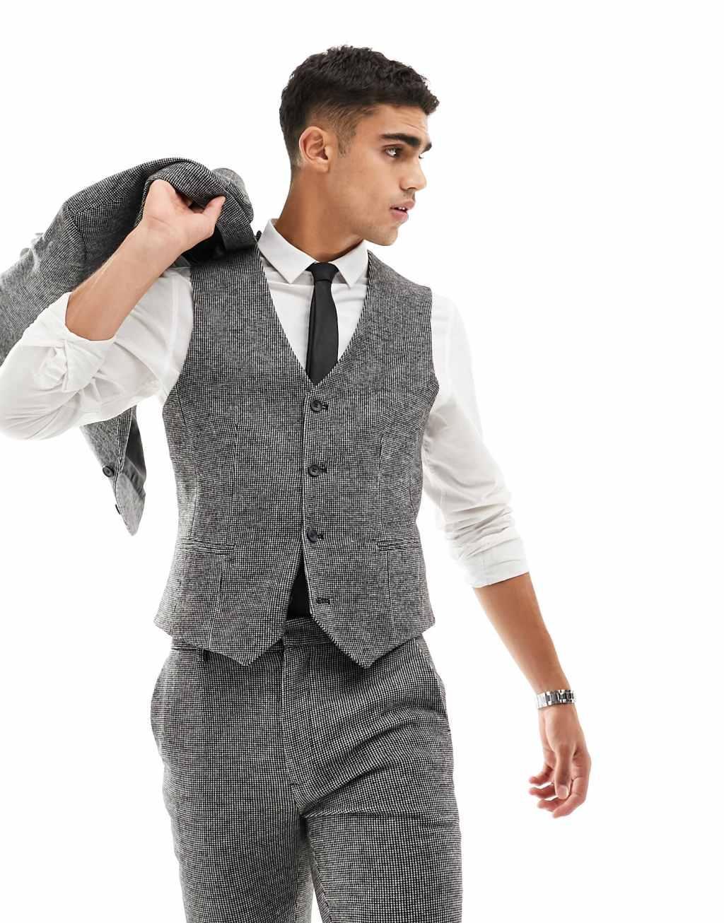 ASOS DESIGN wedding super skinny wool mix suit pants in monochrome puppytooth Product Image