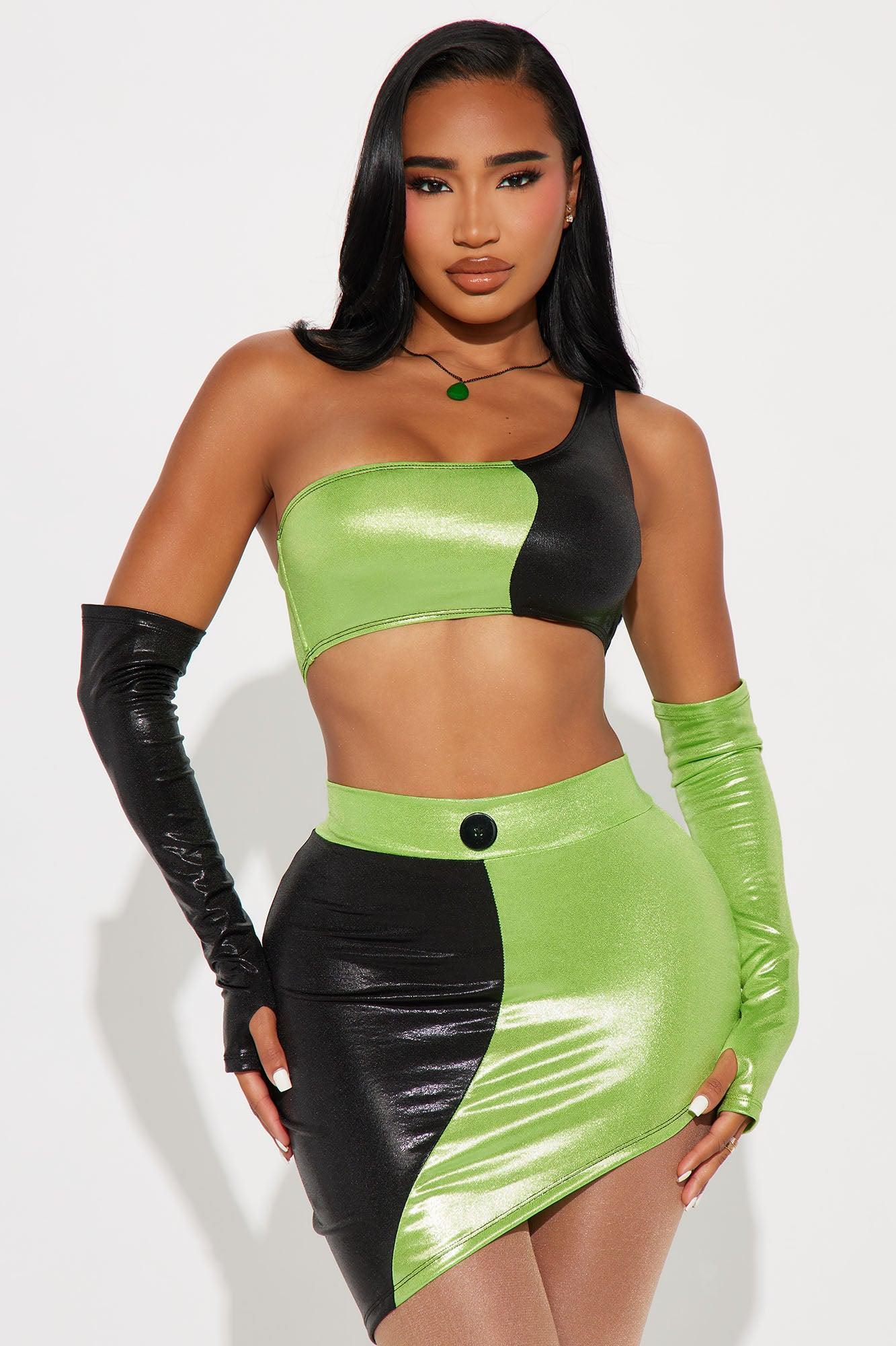 Green Flame Villian Baddie 4 Piece Costume Set - Black/Green Product Image