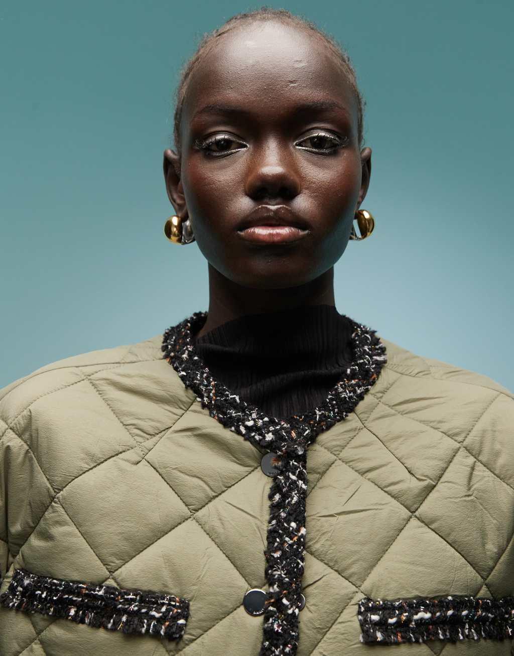 BIMBA Y LOLA lightweight puffer jacket with contrast trim in khaki Product Image