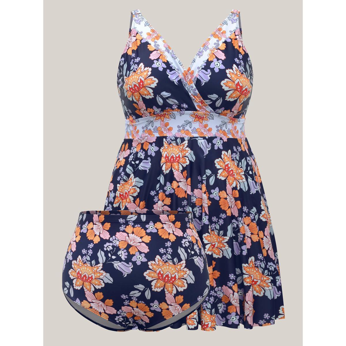 Plus Size Floral Print Surplice Neck Swim Dress Women's Swimwear Indigo Beach Bodycon Overlap Collar High stretch Curve Swim Dresses BloomChic 22-24/3X Product Image