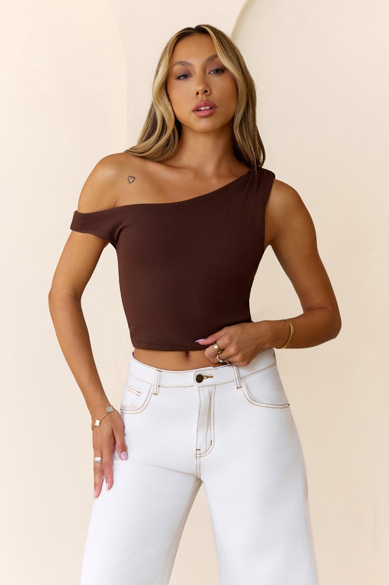 BASE Luxe Rib Luxe Line Off Shoulder Top Chocolate Product Image