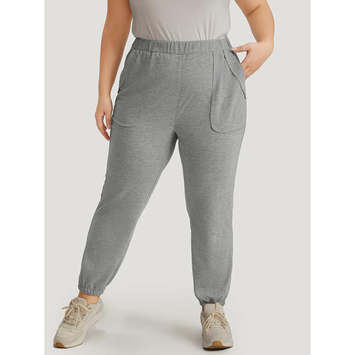 Solid Patched Slant Pocket High Rise Sweatpants Gray Plus Size Women Casual Dailywear Pocket 18-20/2X Bloomchic Product Image
