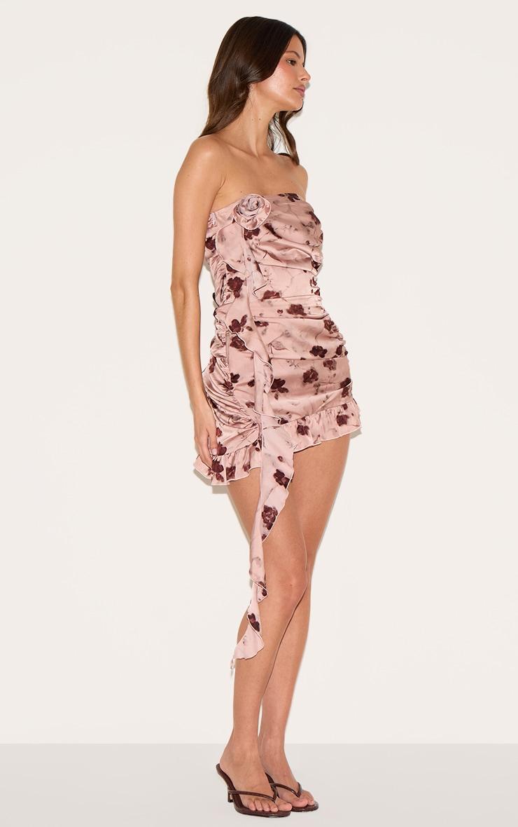 Light Pink Floral Satin Rose Detail Mini Dress Product Image