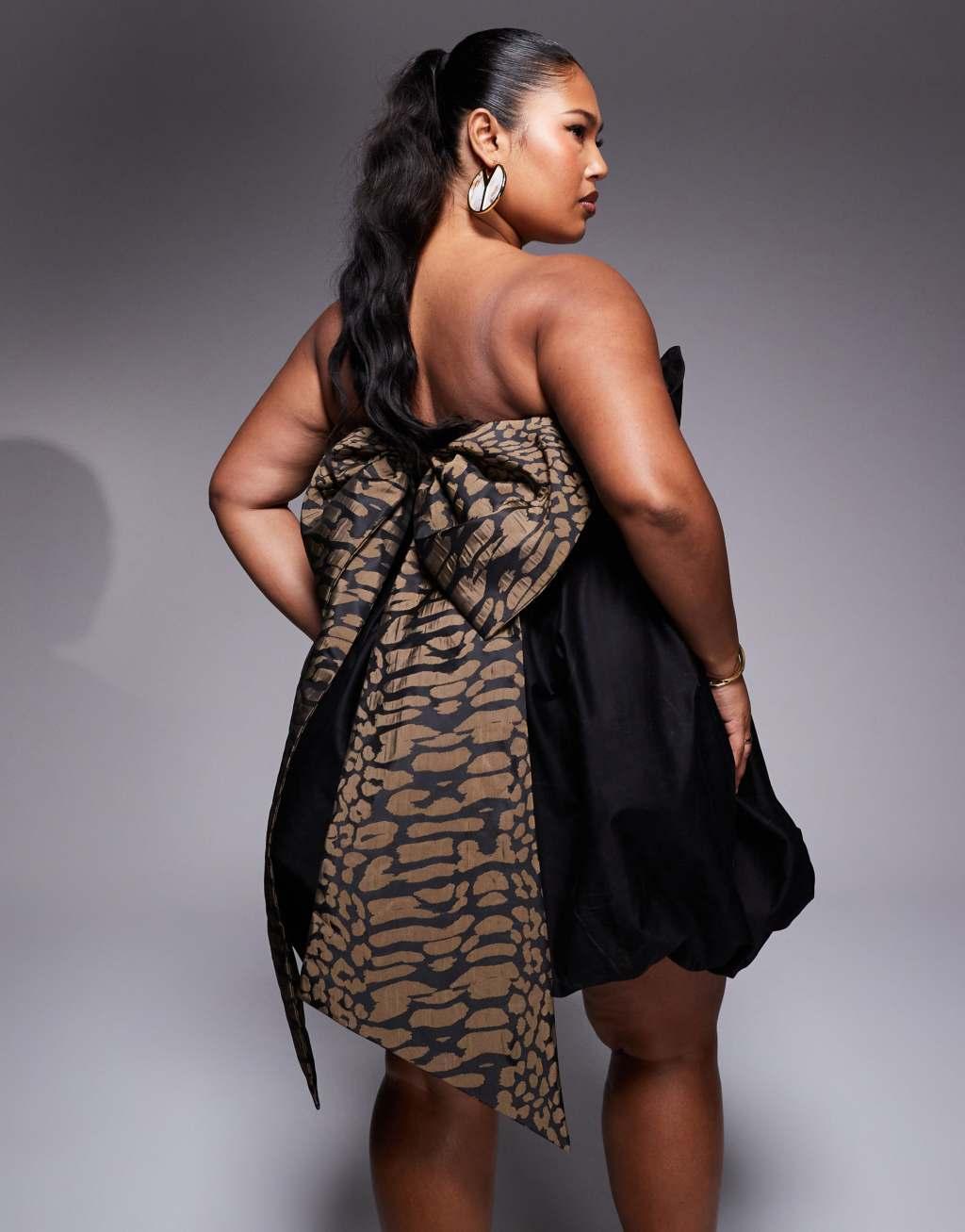 ASOS LUXE Curve cotton sateen structured mini dress with jacquard leopard bow in black Product Image