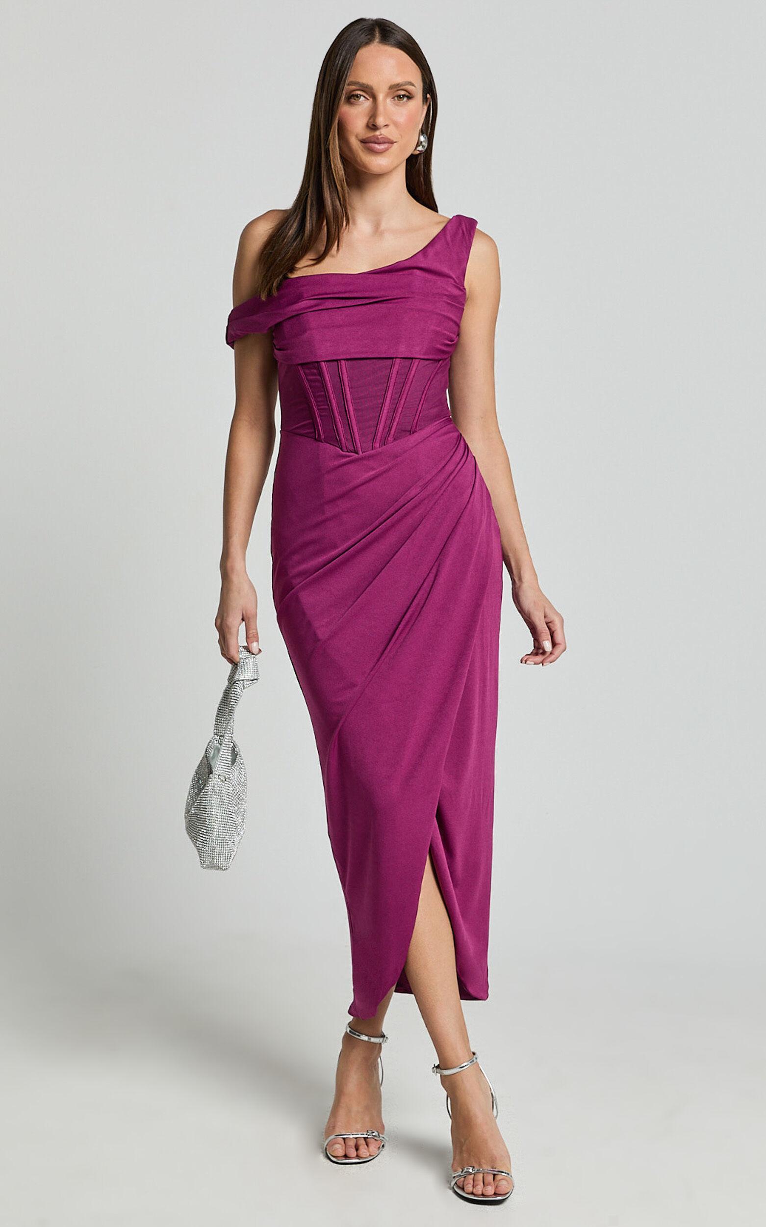 Aidia Midi Dress - Off Shoulder Draped Corset Dress in Plum Product Image
