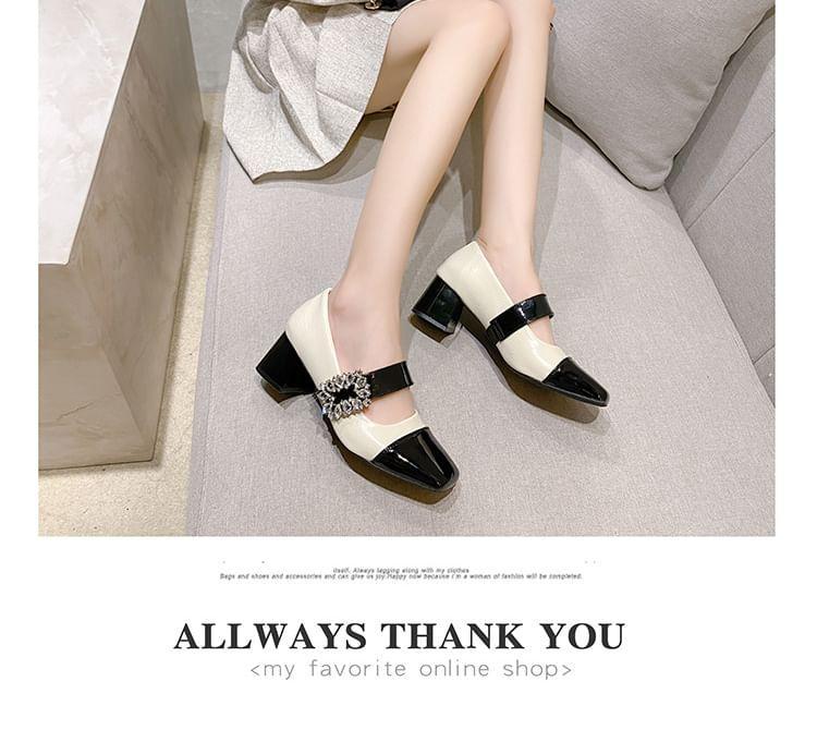 Chunky Heel Cap Toe Rhinestone Accent Faux Leather Mary Jane Pumps Product Image