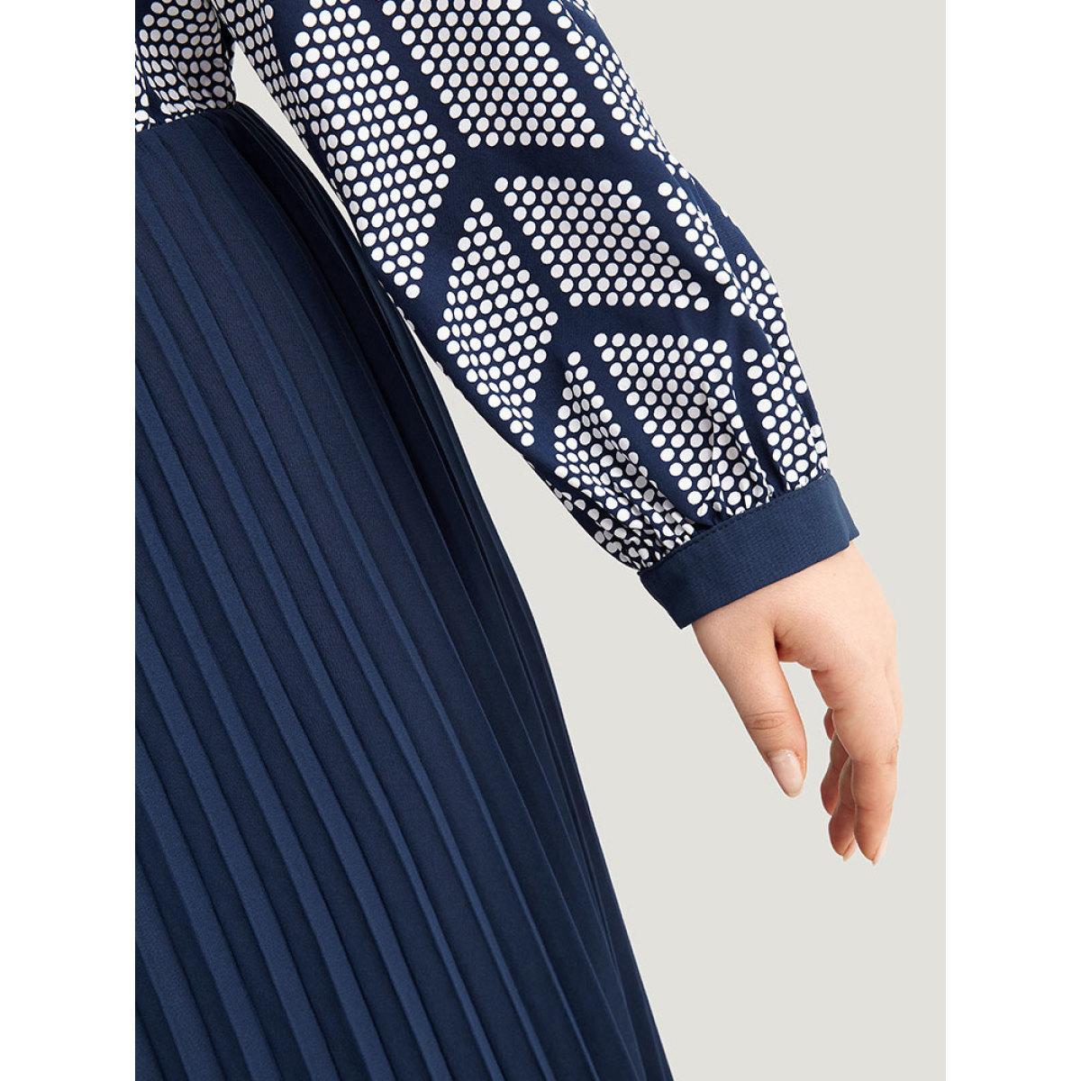 Plus Size Contrast Patchwork Ties Pleated Dress Indigo Women Office Printed Tie Neck Long Sleeve Curvy Midi Dress BloomChic 14-16/1X Product Image