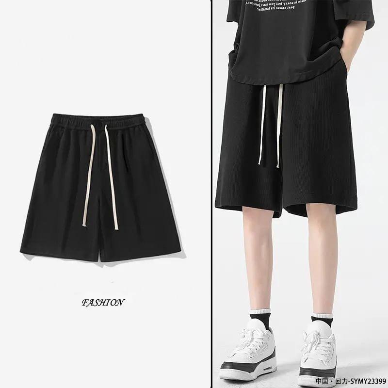 Drawstring Waist Plain Bermuda Sweat Shorts Product Image