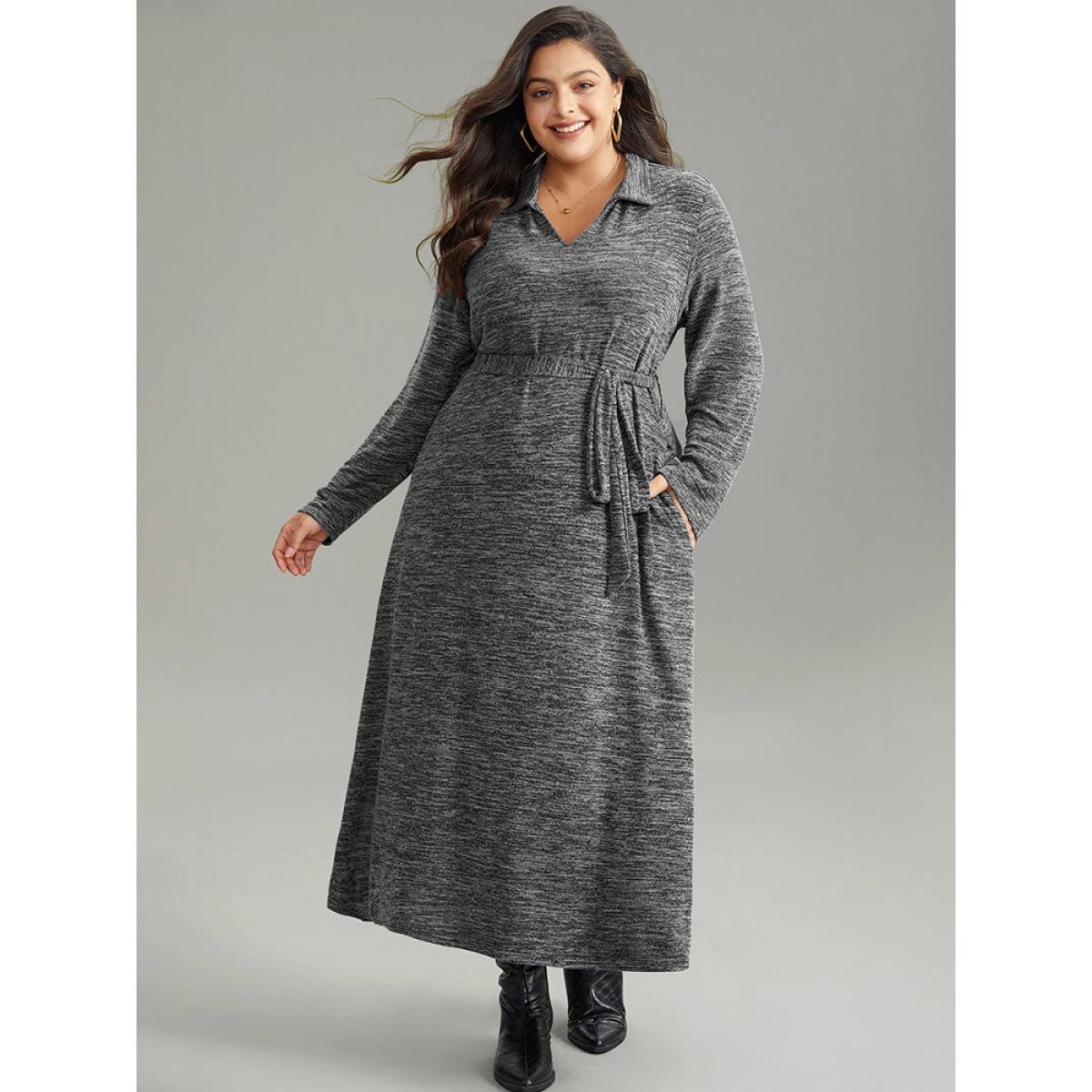 Plus Size Solid Pocket Elastic Waist Ties Split Hem Dress DimGray Women Casual Plain Lapel Collar Long Sleeve Curvy Midi Dress BloomChic 22-24/3X Product Image