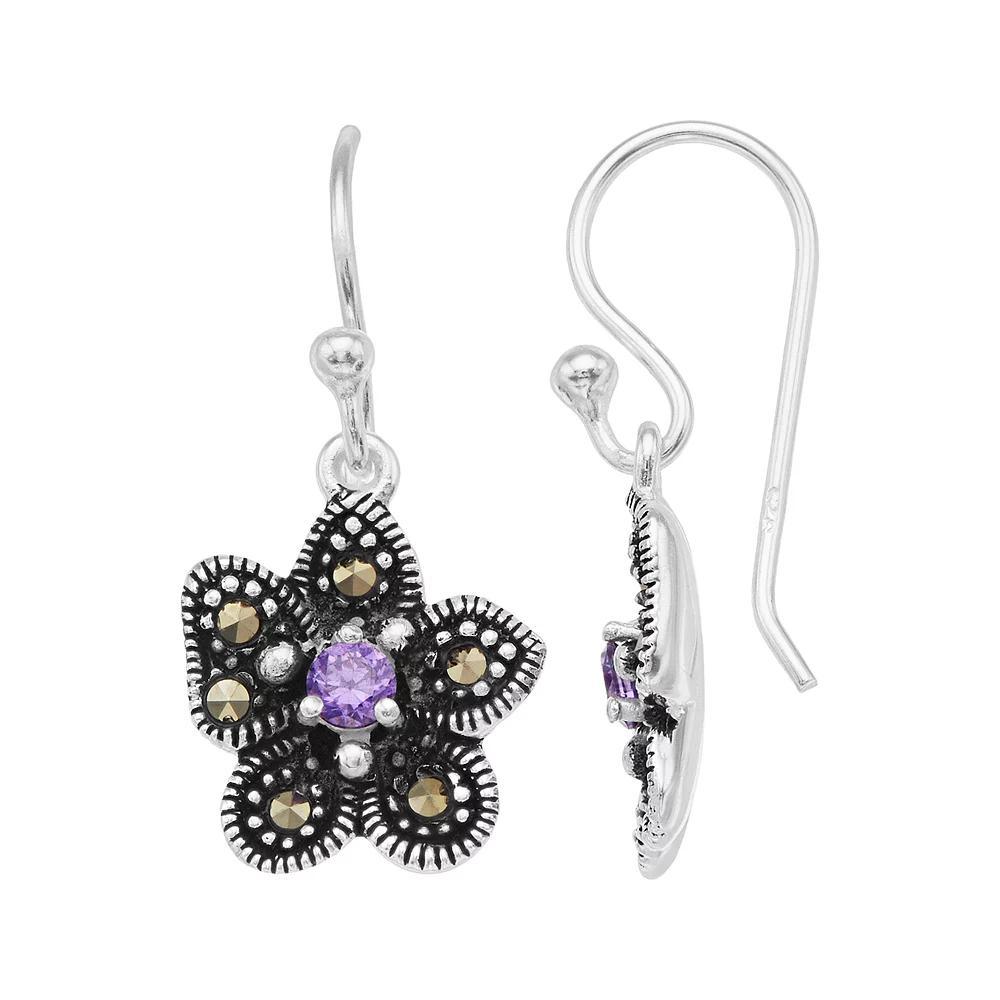 Tori Hill Sterling Silver Marcasite & Purple Glass Flower Drop Earrings, Women's Product Image