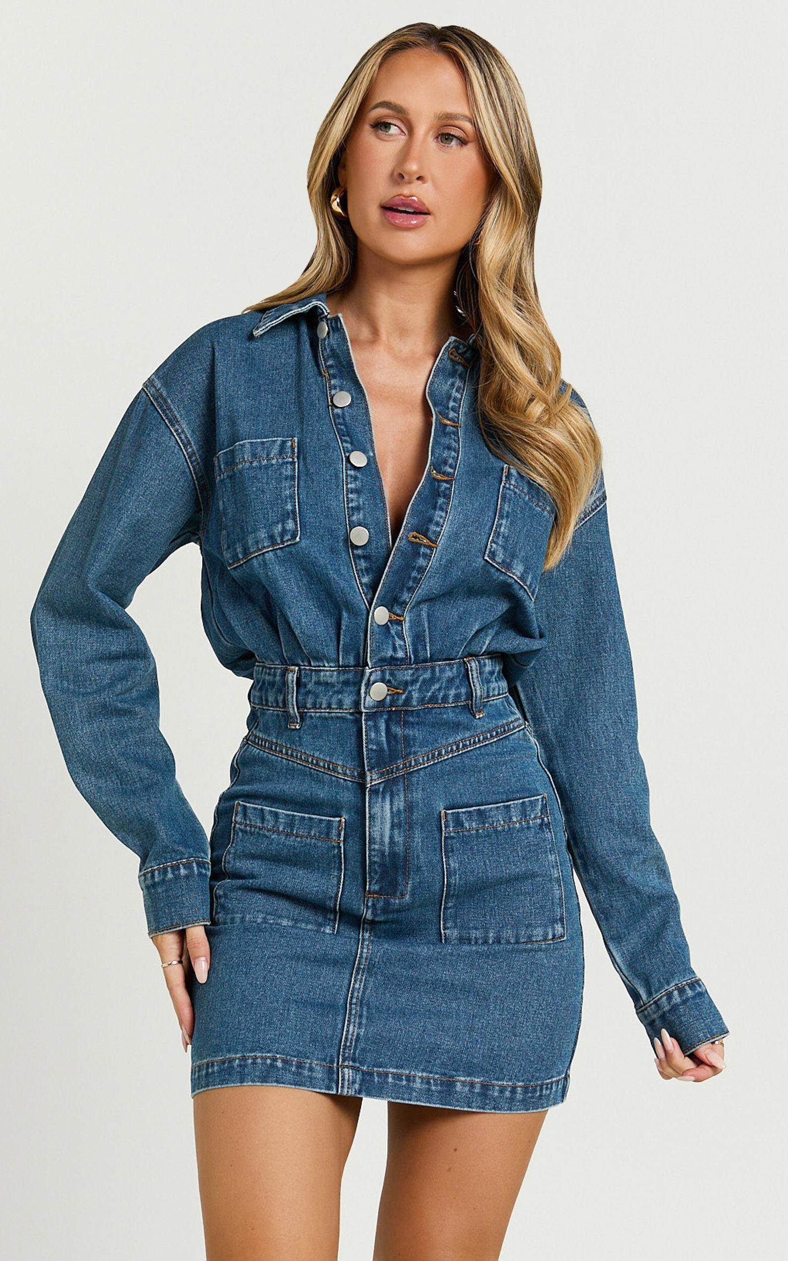 Kamala Mini Dress - Long Sleeve Button Through Denim Dress in Dark Blue Wash Product Image