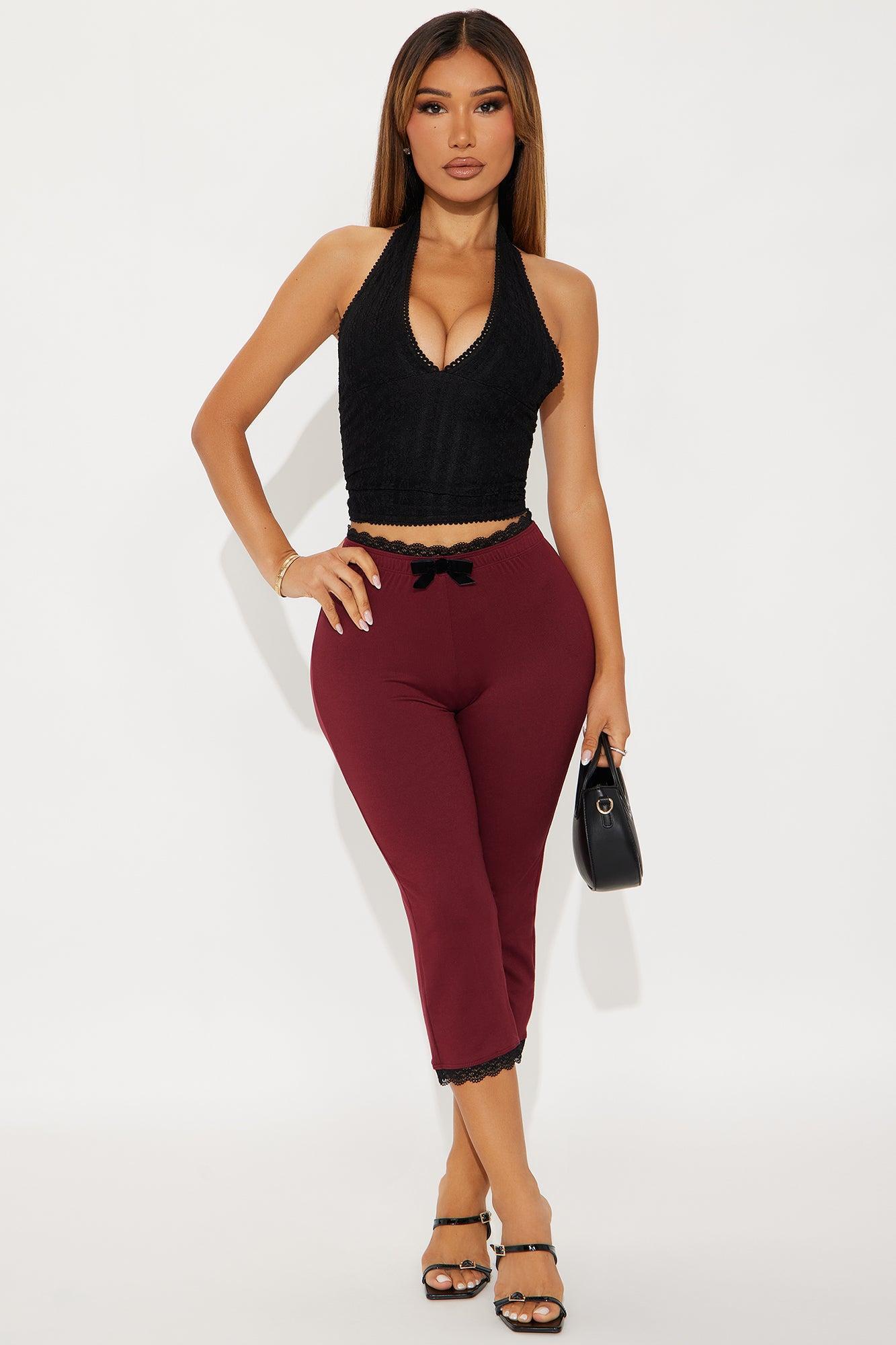 Valentina Solid Lace Trim Capri Legging - Burgundy Product Image