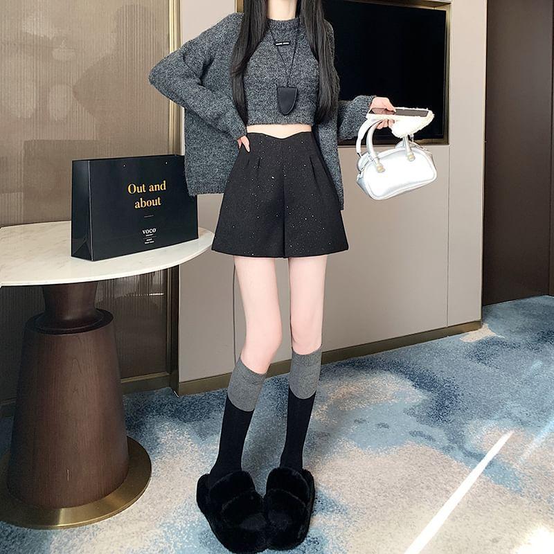 High Waist Plain Glitter Shorts Product Image