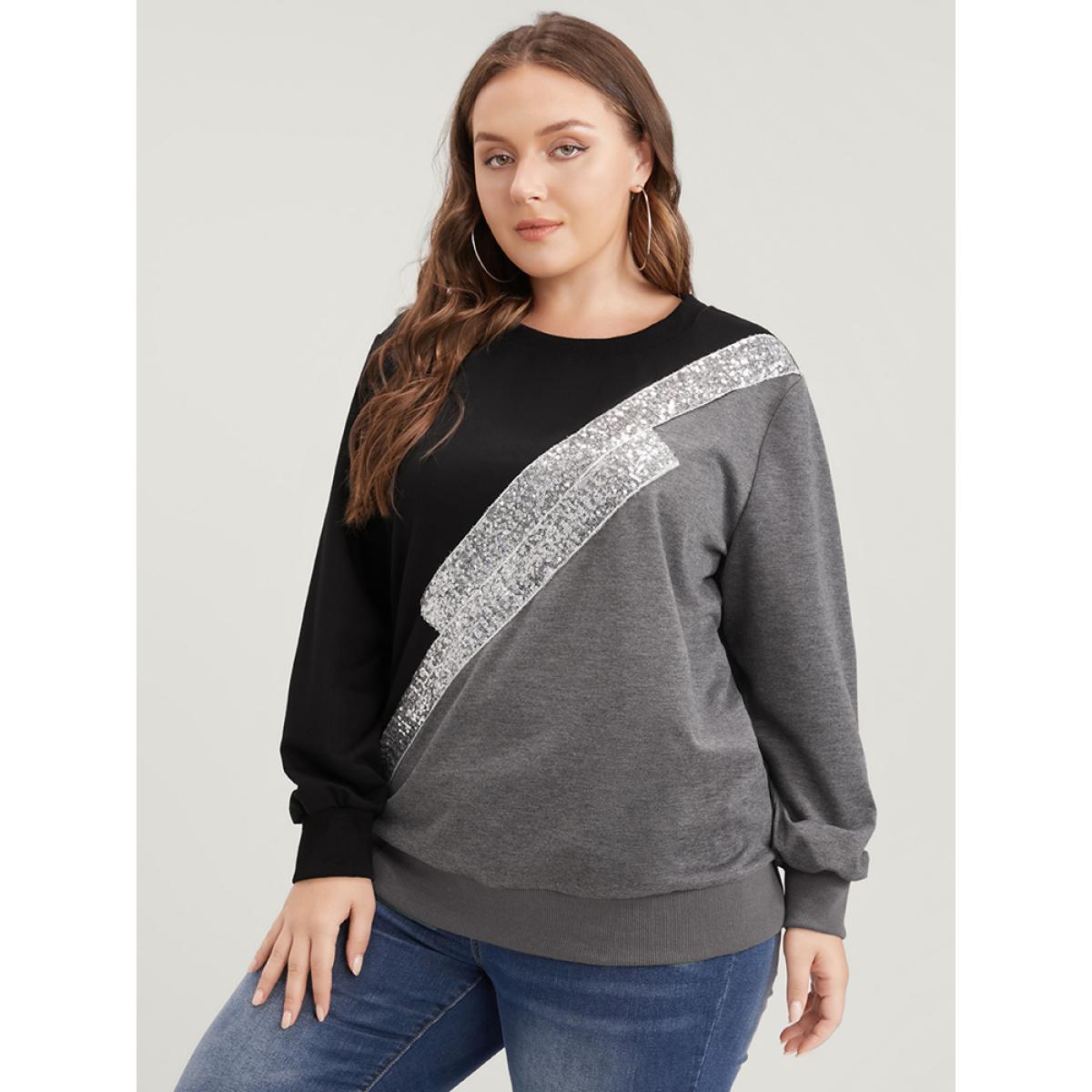 Plus Size Colorblock Contrast Sequin Drop Shoulder Sweatshirt Women DimGray Casual Contrast Round Neck Dailywear Sweatshirts BloomChic 26/4X Product Image