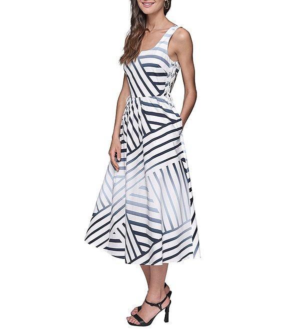 KARL LAGERFELD PARIS Stretch Sateen Stripe Print Scoop Neck Sleeveless Sheath Midi Dress Product Image