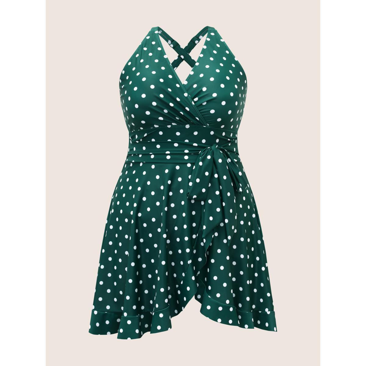 Plus Size Overlap Collar Polka Dot Tie Knot Ruffles Swim Dress Women's Swimwear DarkGreen Beach Bodycon Overlap Collar High stretch Curve Swim Dresses BloomChic 12/L Product Image