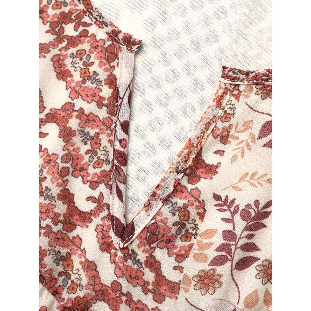 Plus Size Chiffon Boho Collage Flowy Tank Top Women Apricot Gathered Notched collar Vacation Tank Tops Camis BloomChic 14-16/1X Product Image