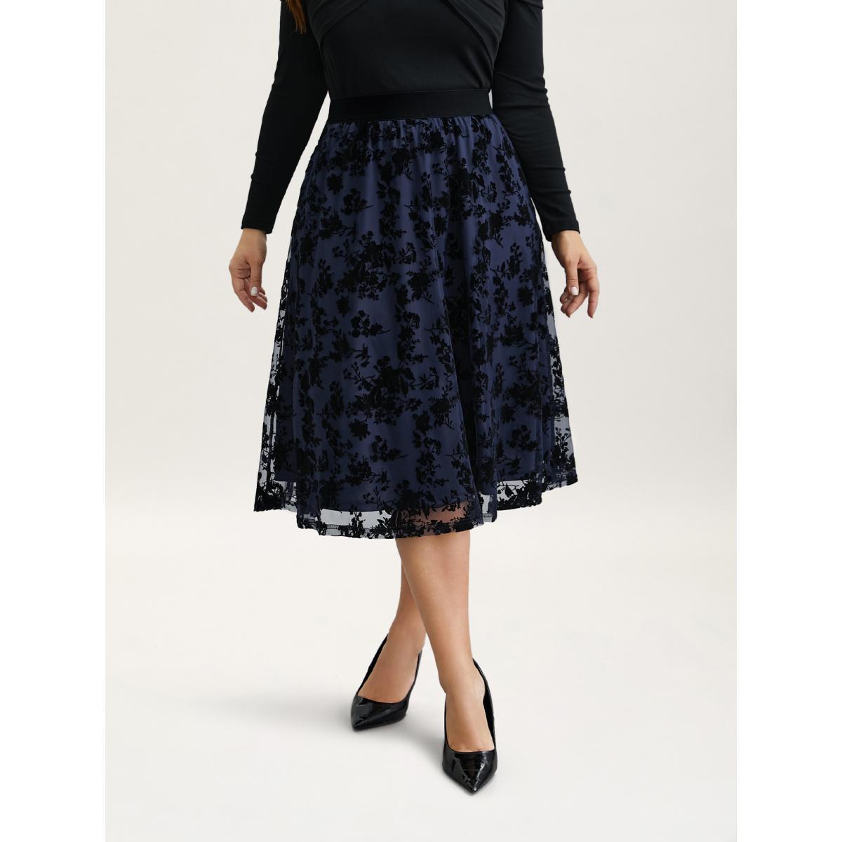 Plus Size Floral Flocked Flared Midi Skirt Women Indigo Elegant Tiered Low stretch Everyday Skirts BloomChic 30/6X Product Image